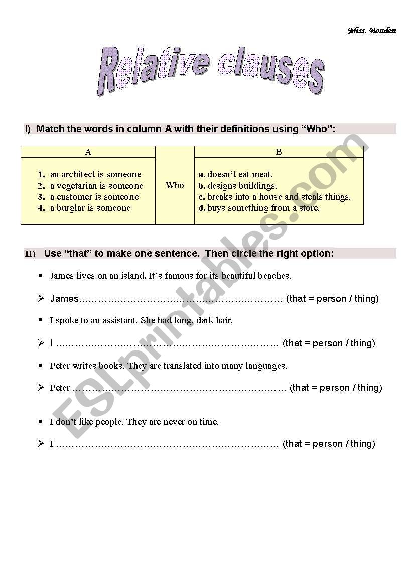 Relative Clauses worksheet