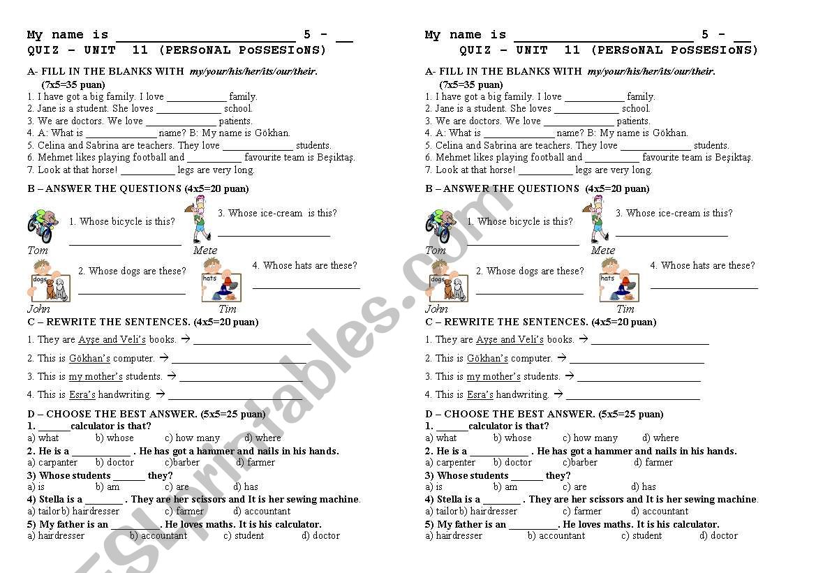 possessive adjectives and 