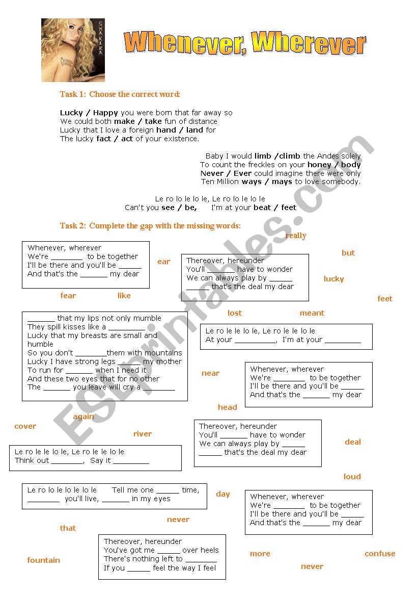 Shakira - Whenever, Wherever worksheet