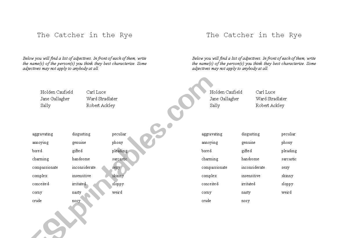 Catcher in the Rye - Vocabulary ex.