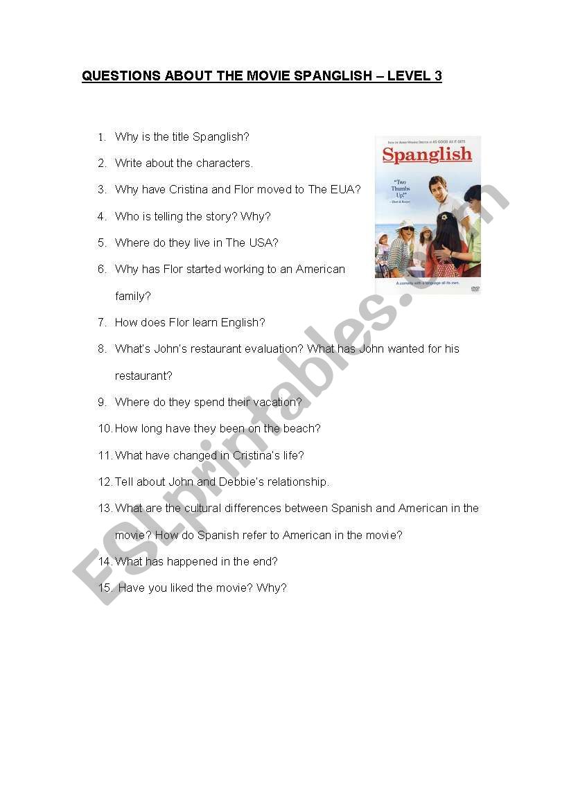 Spanglish movie activities worksheet