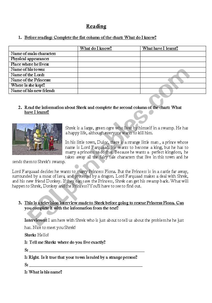 Shrek reading worksheet