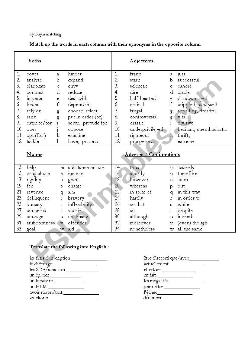 synonym matching vocab worksheet