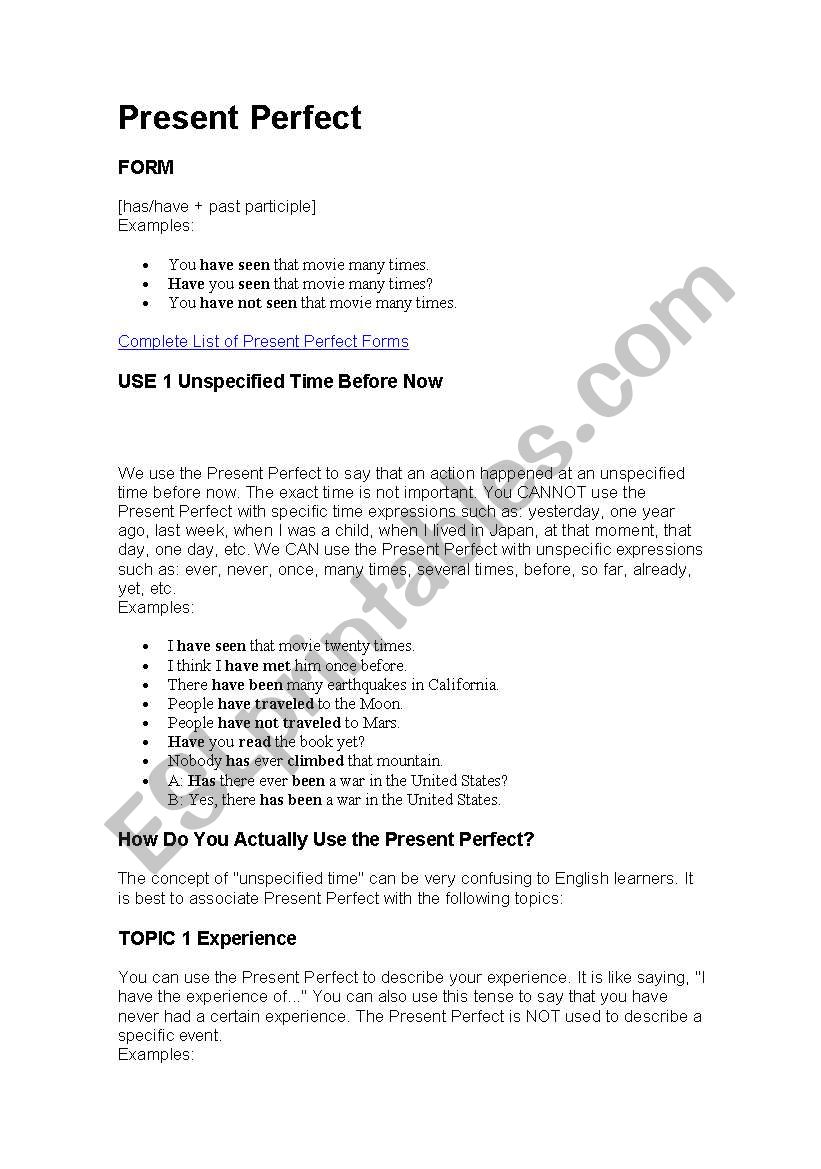 Present Perfect worksheet