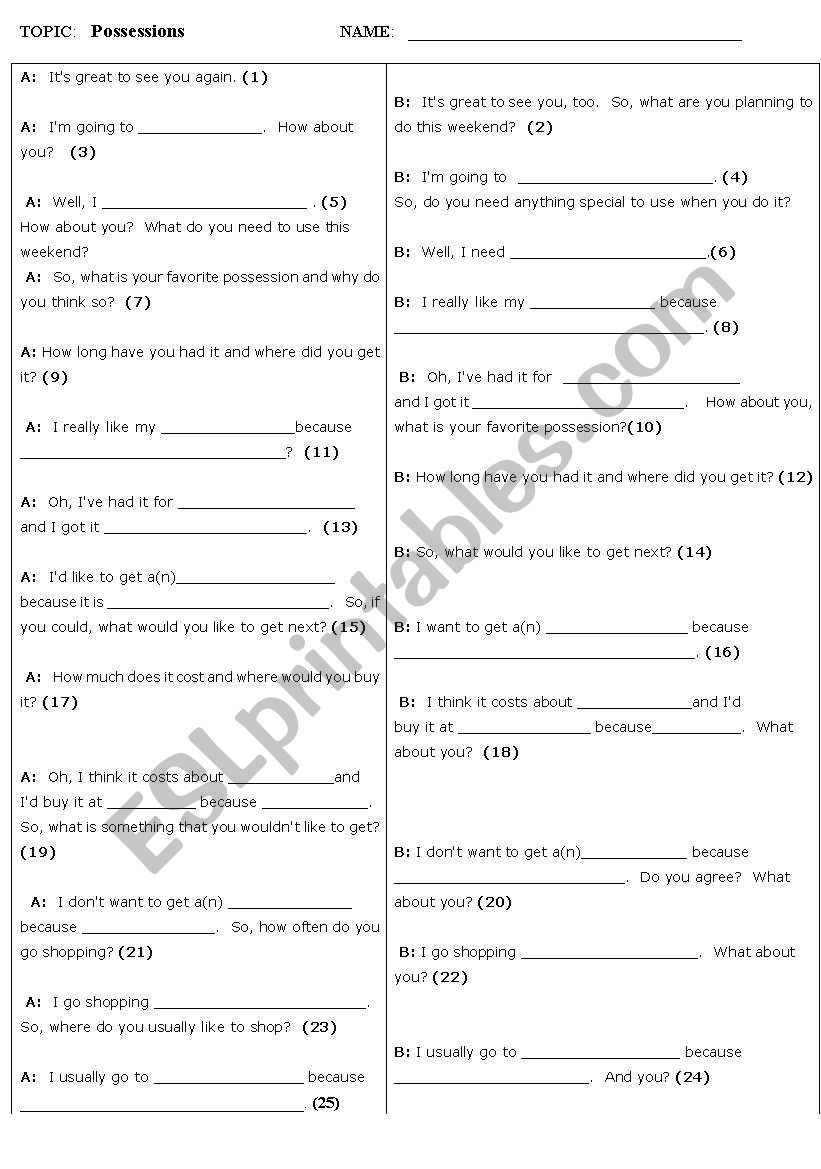 Possessions: One-Page Version worksheet