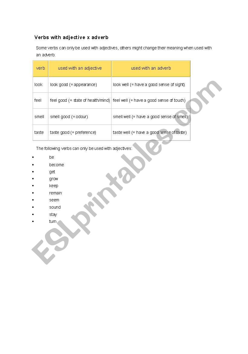 Verbs with adjective x adverb worksheet