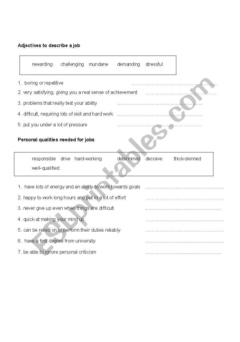 Adjectives to describe jobs worksheet
