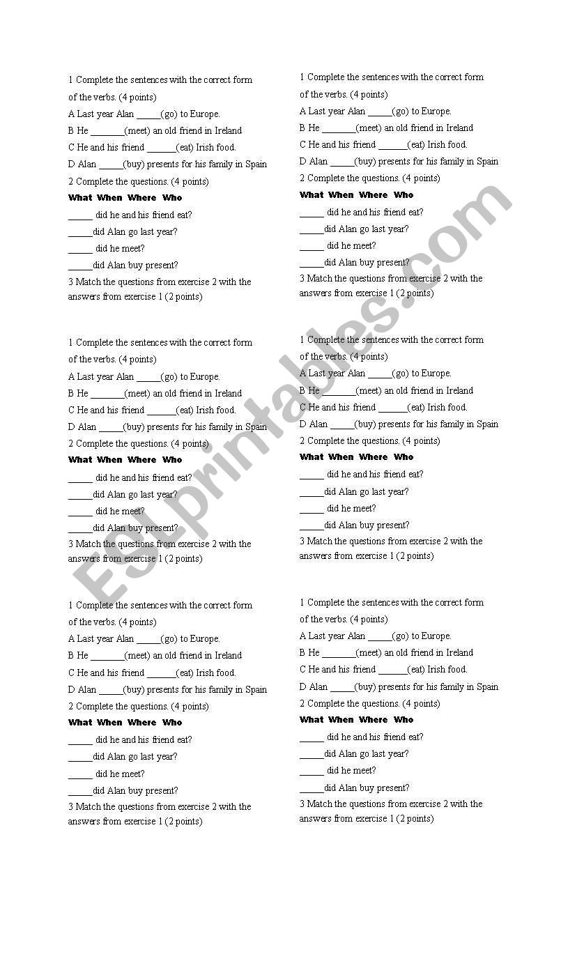 Ten pointer worksheet