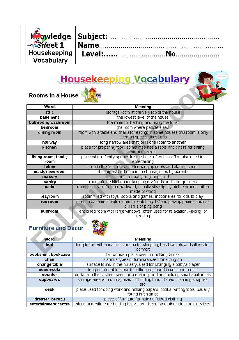 housekeeping vocabulary worksheet