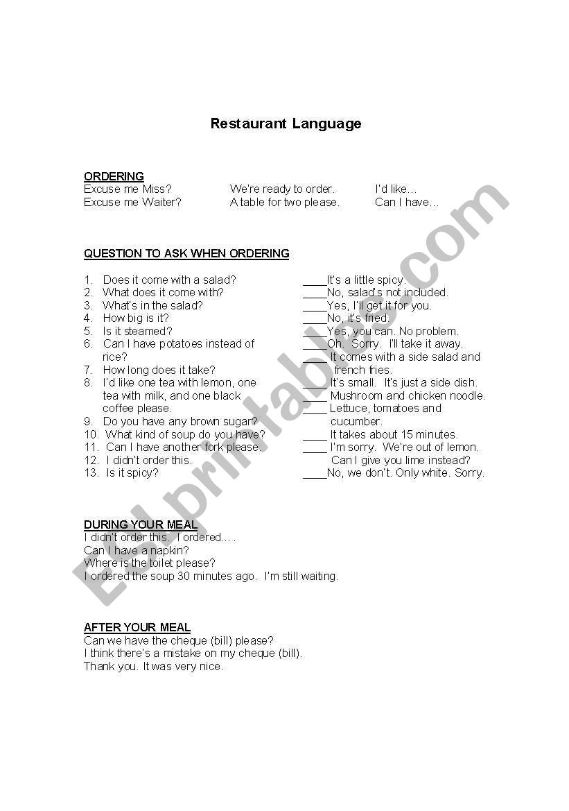 Restaurant Language worksheet