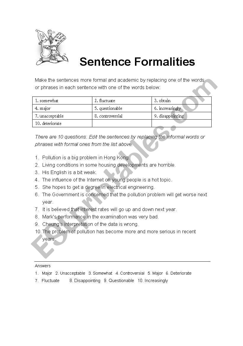 Sentence Formalities worksheet