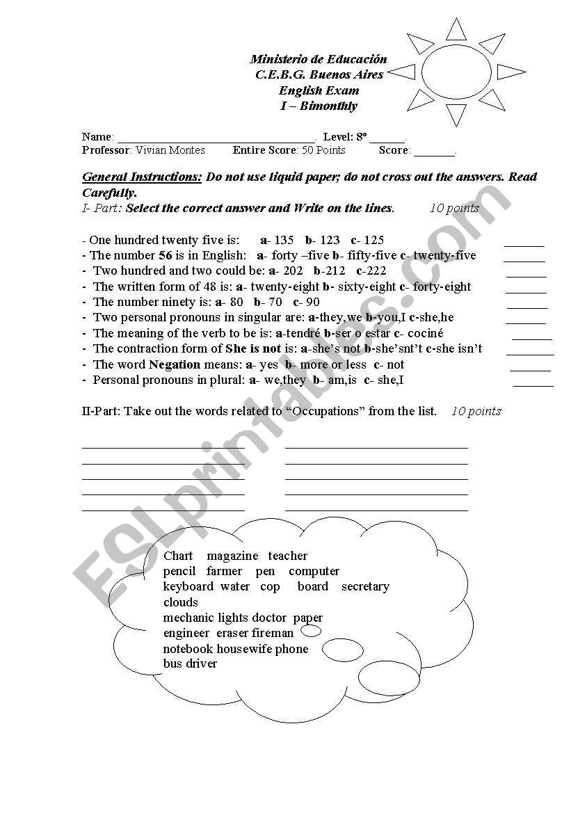 Final test per two month worksheet