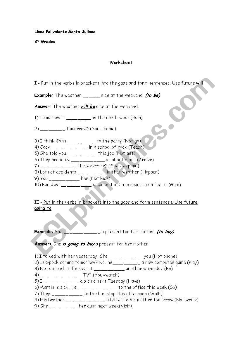 Exercises: Will & Going to worksheet