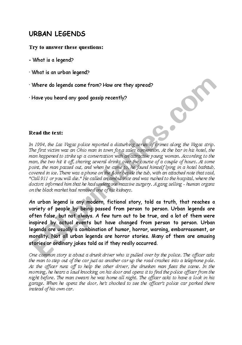 URBAN LEGENDS worksheet