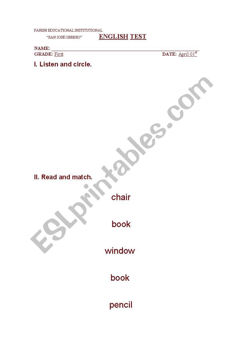school objects worksheet