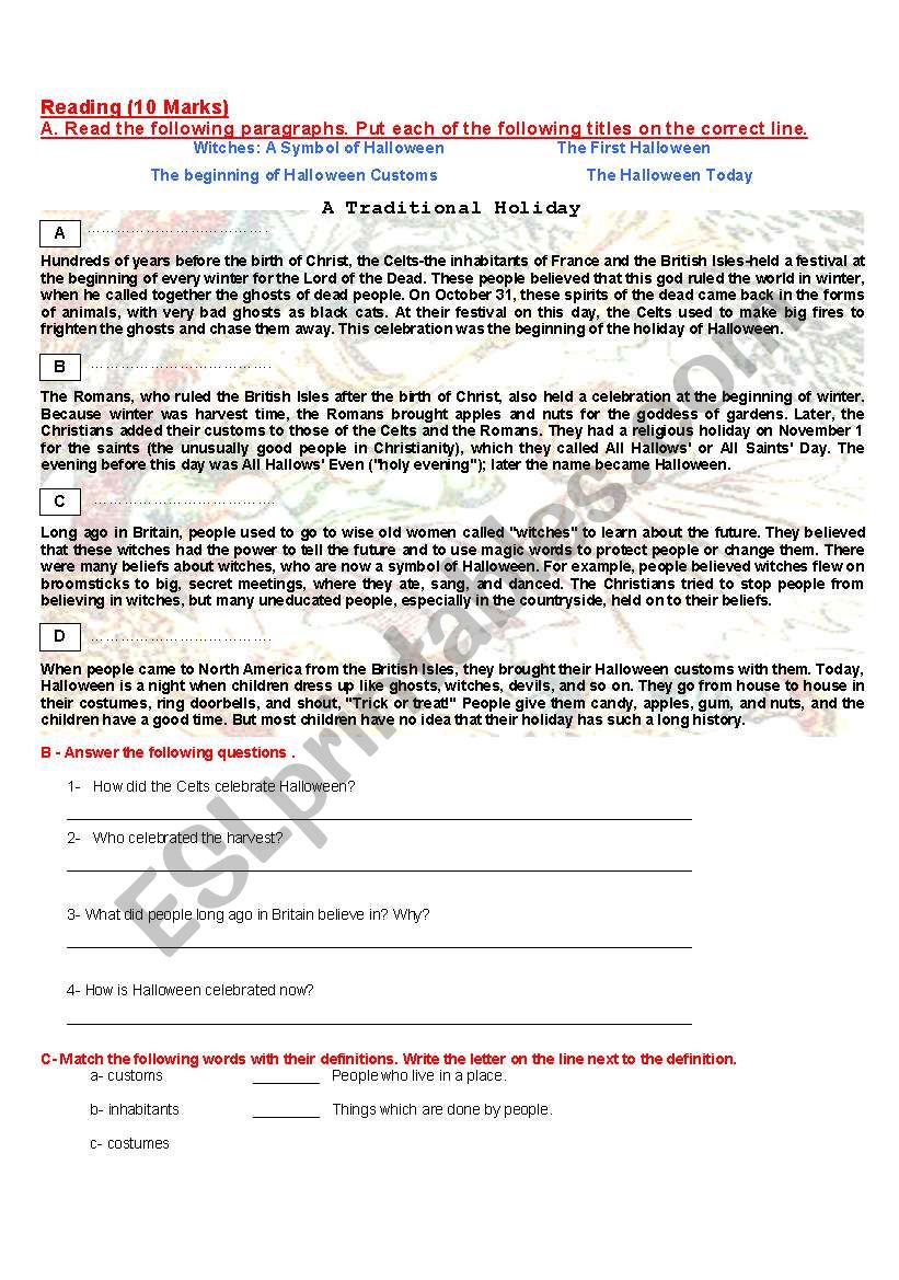 Reading Tradional Holidays worksheet