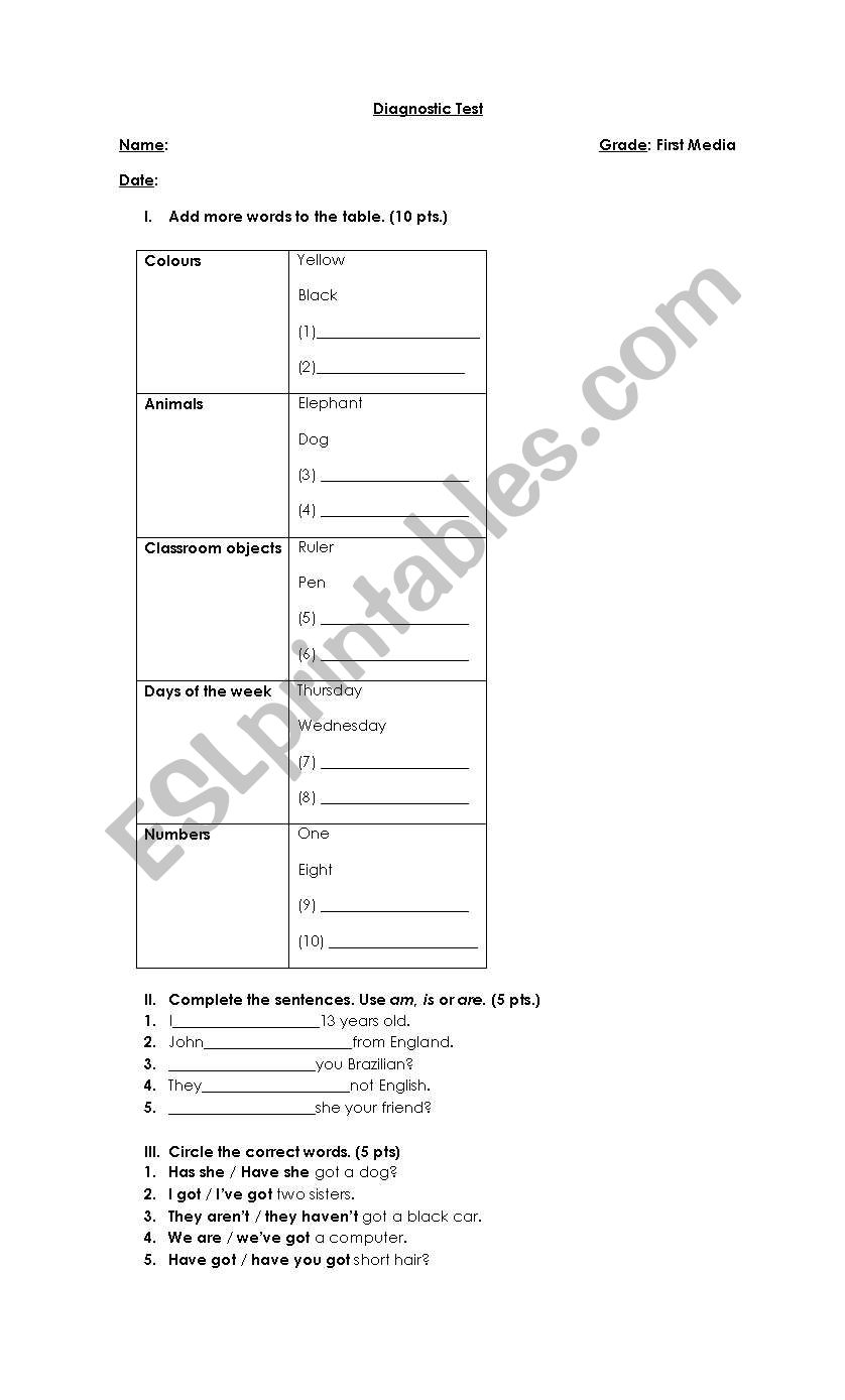 Diagnostic Test worksheet