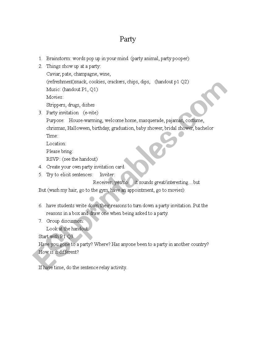 Chat Club --Party worksheet