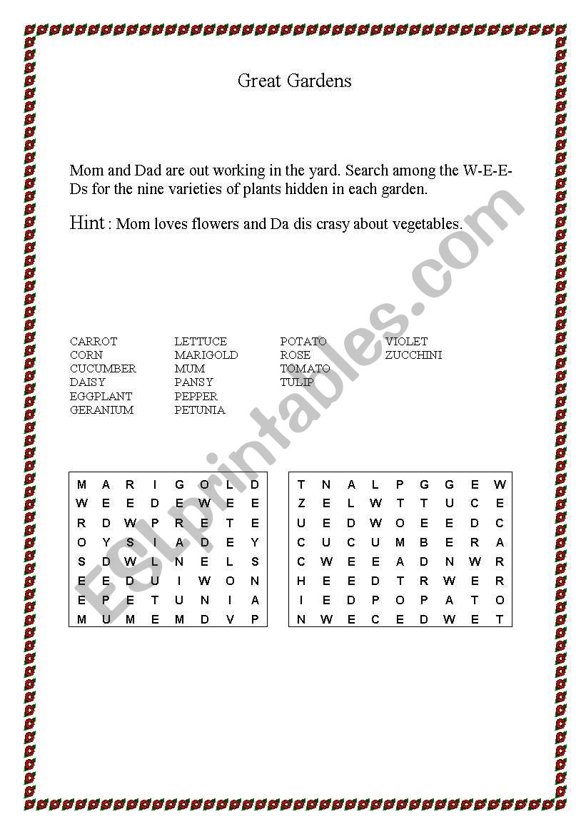 Great Gardens worksheet