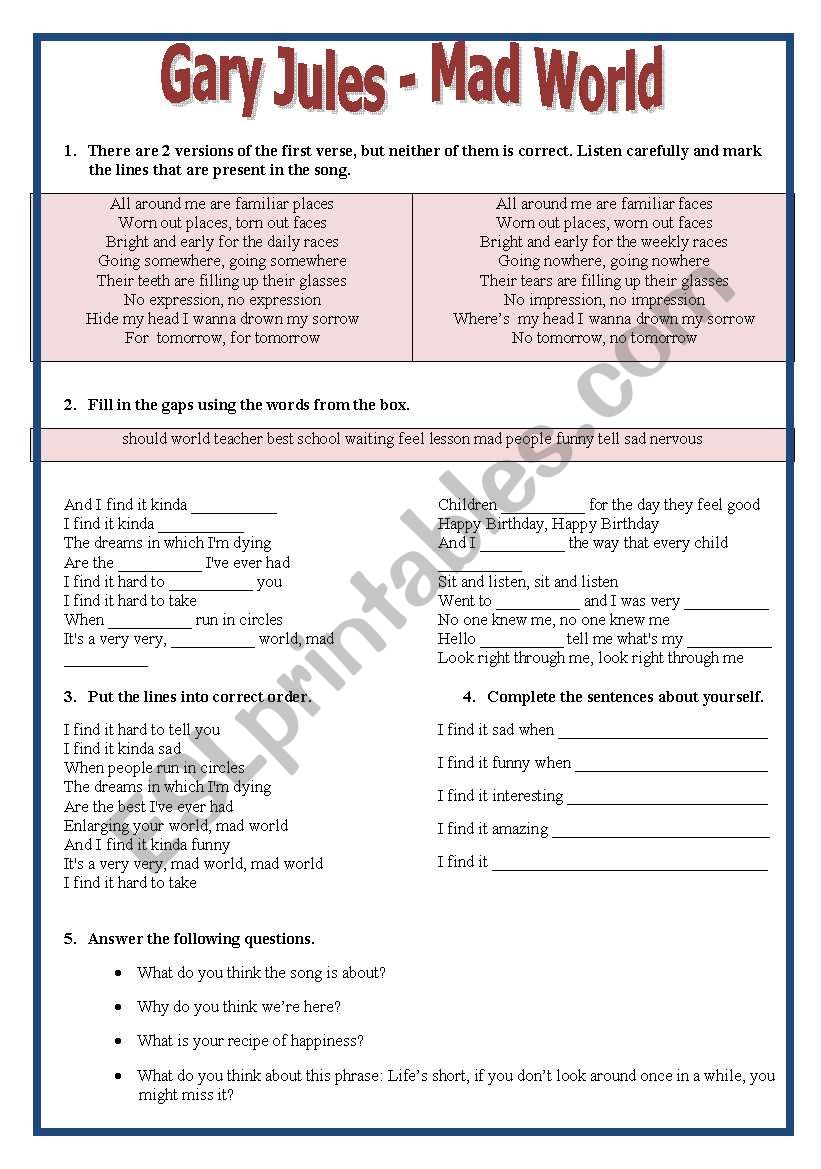 SONG MAD WORLD (GARY JULES) worksheet