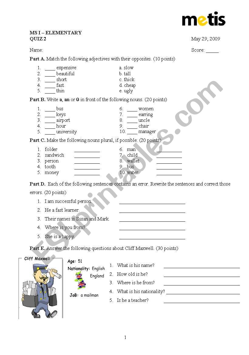 Elementary Quiz worksheet