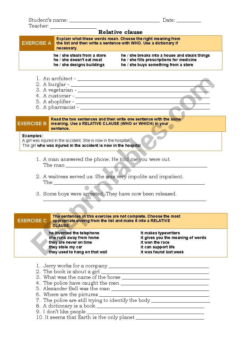 Relative clause worksheet