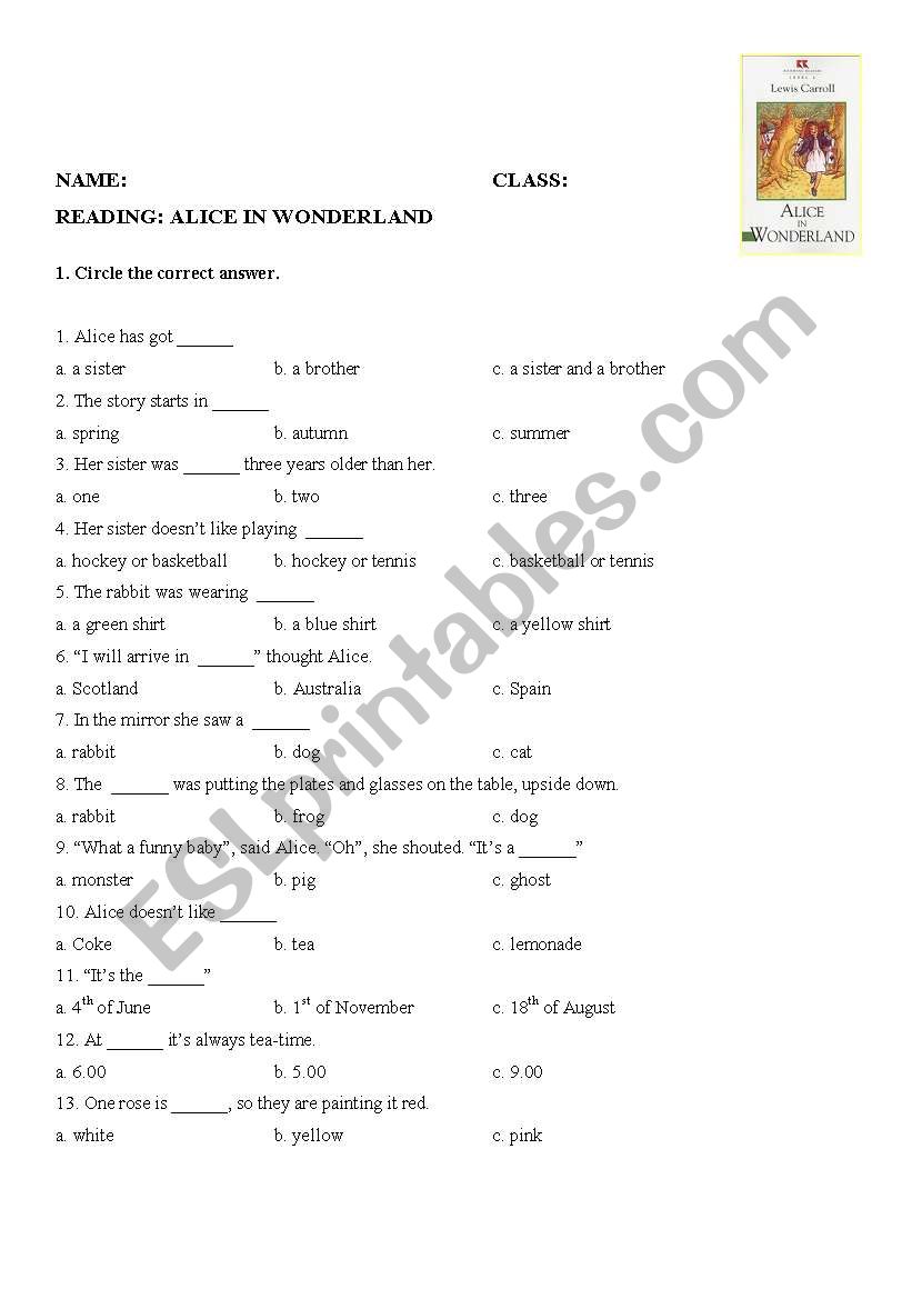 Alice in wonderland worksheet