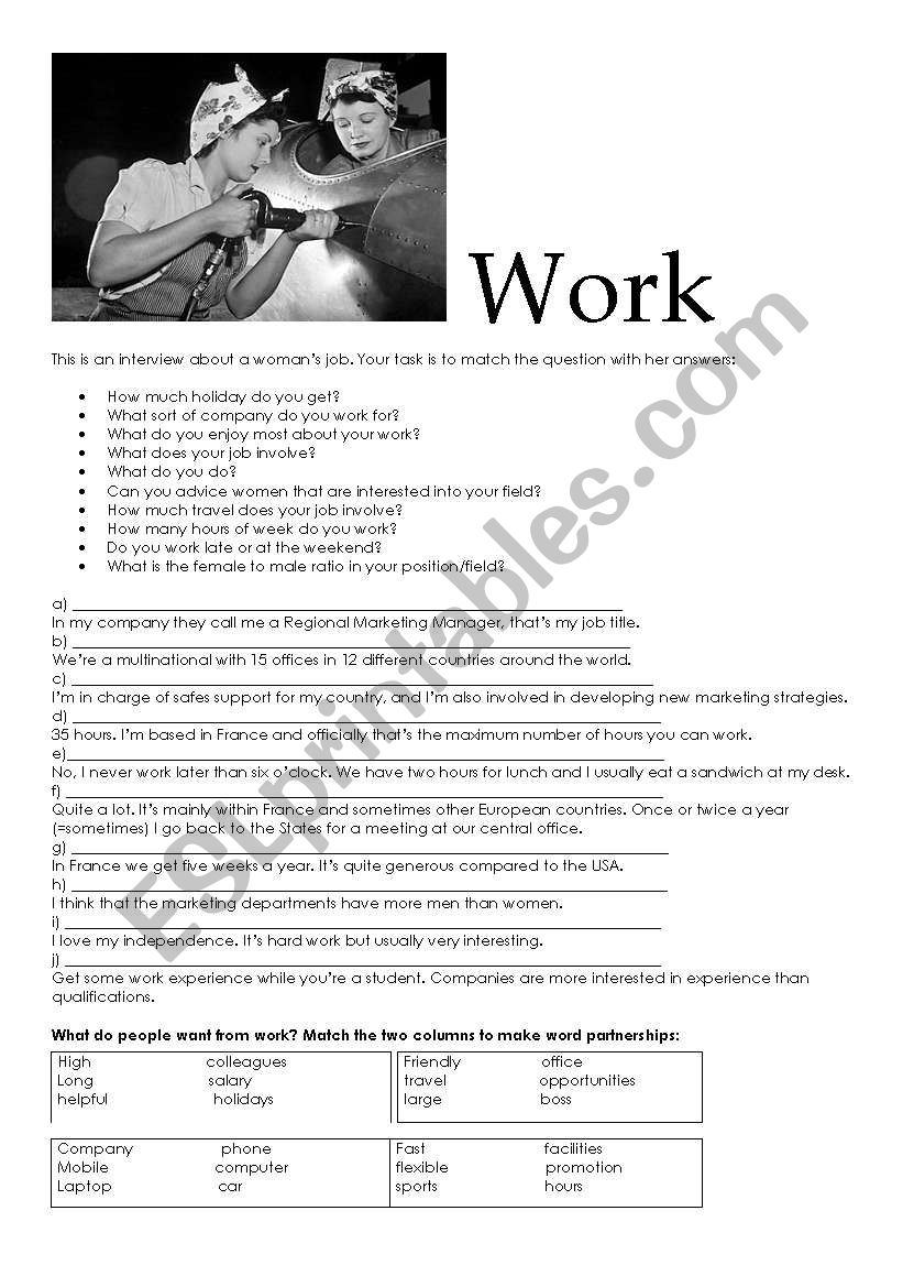Talking about work worksheet