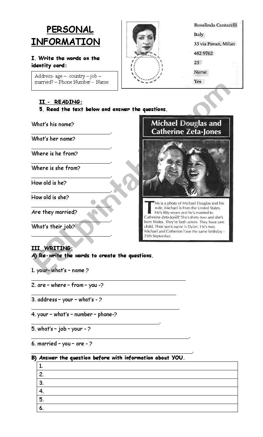 PERSONAL INFORMATION worksheet