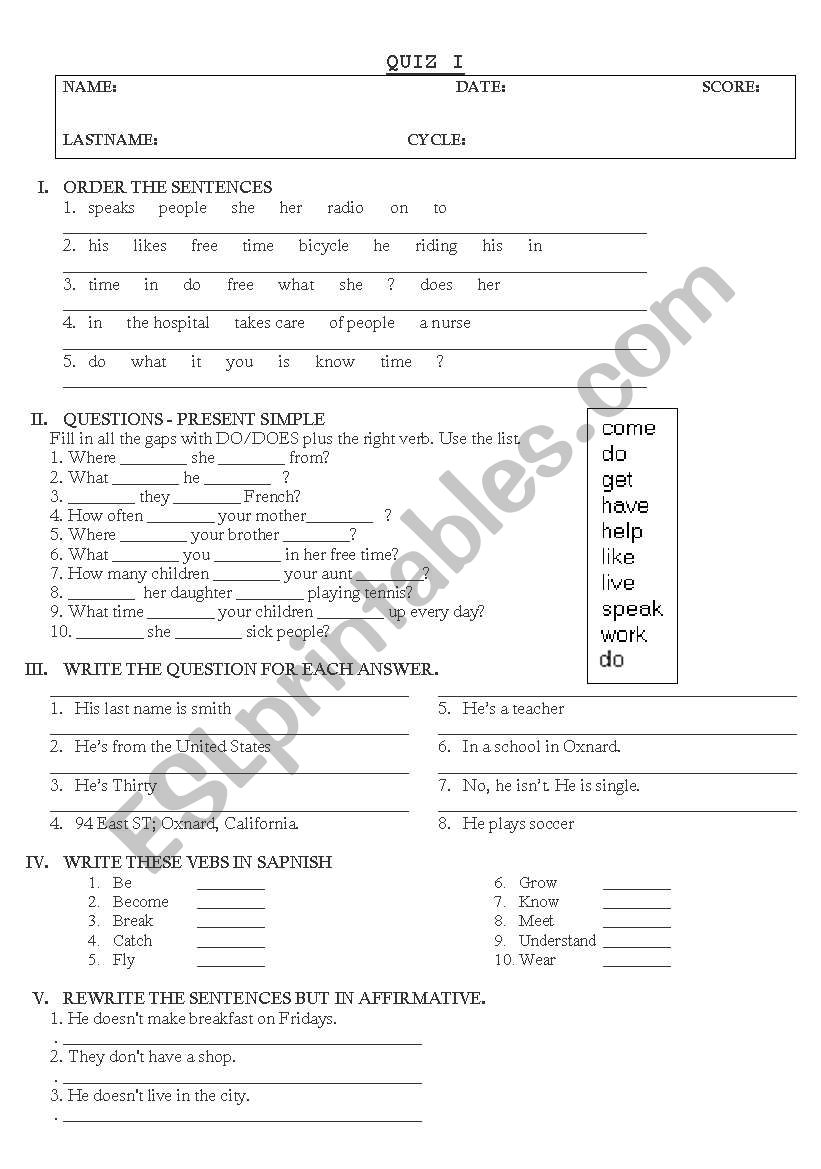 present simple quiz worksheet