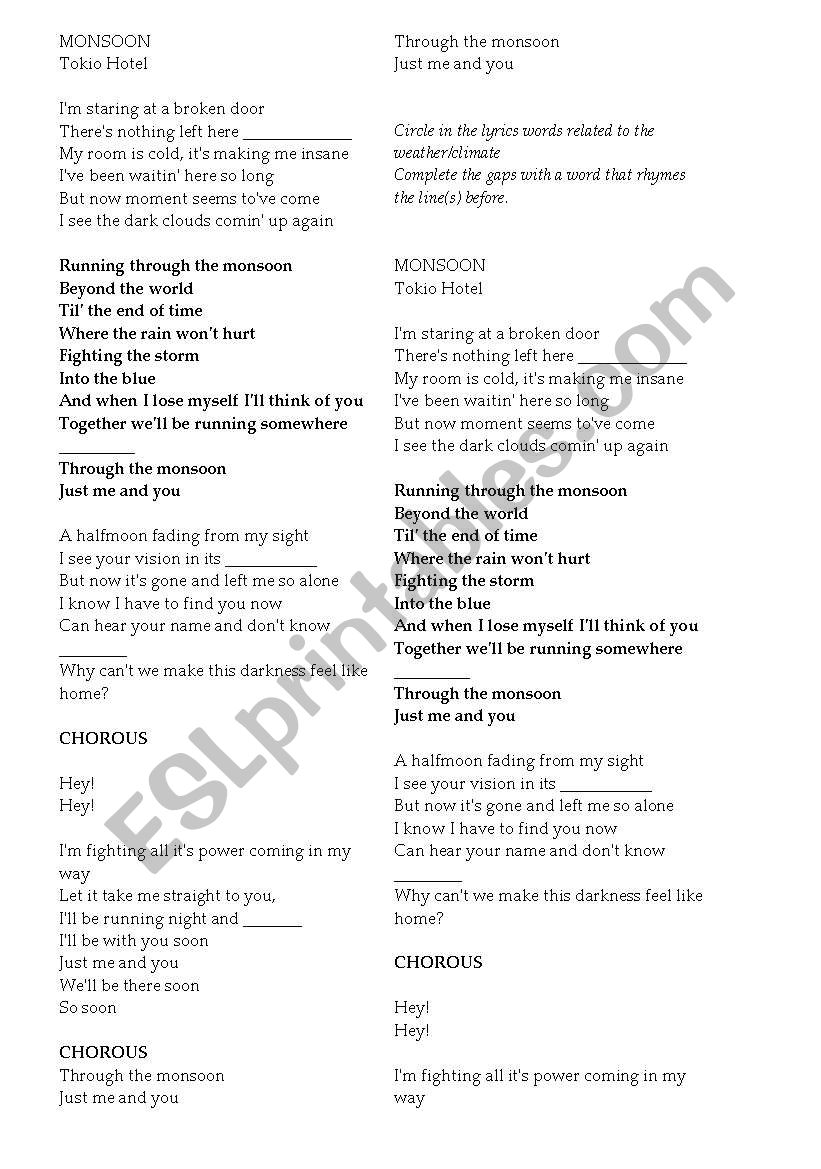 MONSOON- LYRICS- Tokio Hotel worksheet