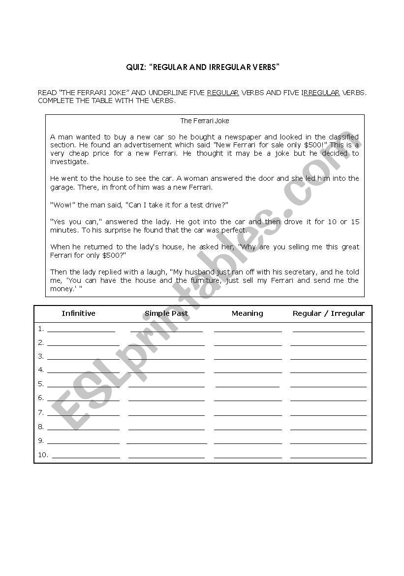 REGULAR AND IRREGULAR VERBS worksheet