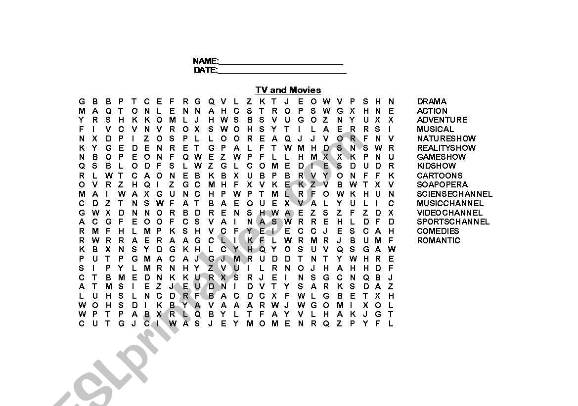 Tv and movies wordsearch worksheet
