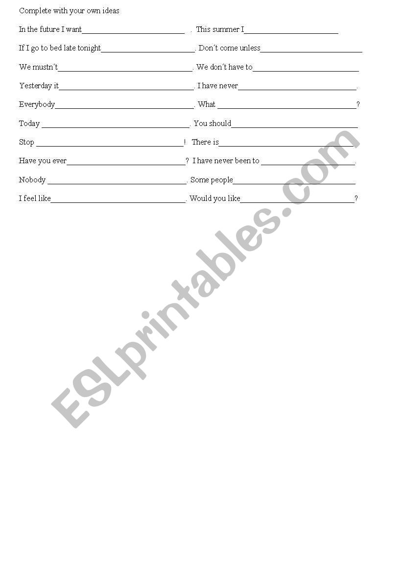 Complete with your own ideas worksheet