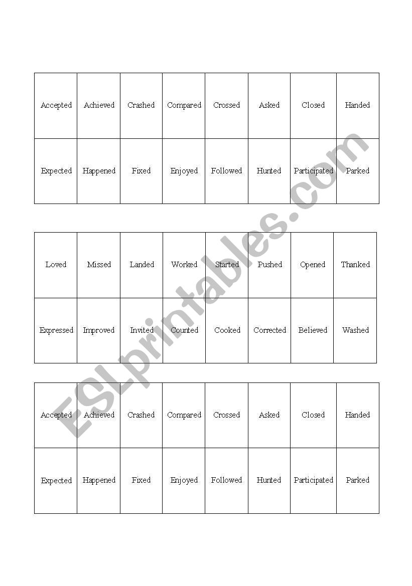 Bingo for regular past tenses pronunciation