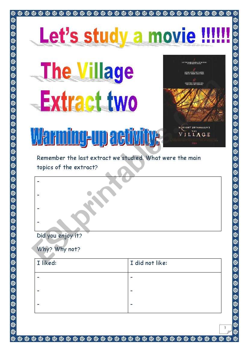 Video time: THE VILLAGE (M. Night Shyamalan) - Extract # 2 (COMPREHENSIVE PROJECT, 11 PAGES, 33 TASKS, COMPLETE ANSWER KEY)