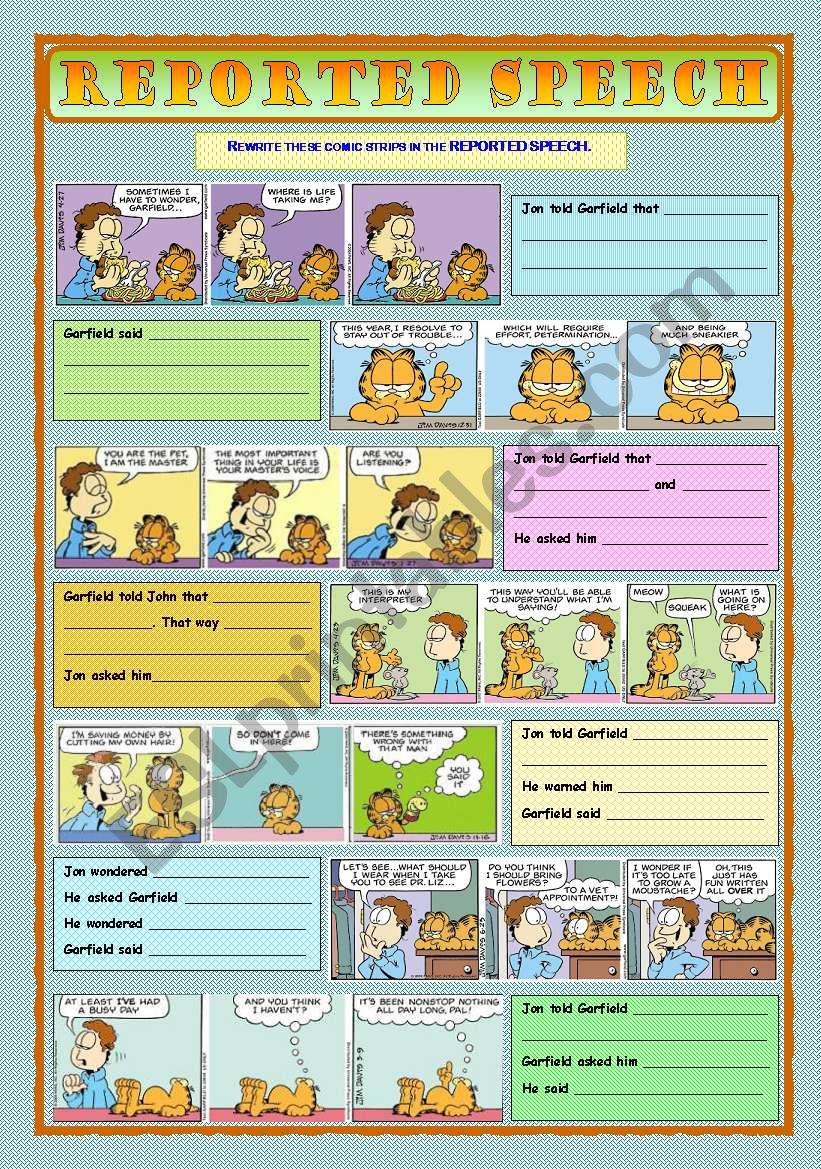 Reported Speech with Garfield worksheet