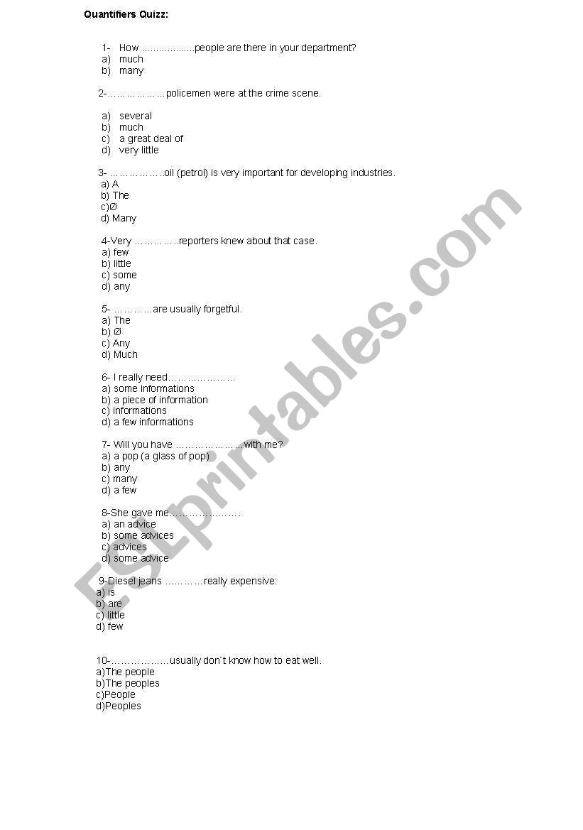 Quantifier quizz and exercise worksheet