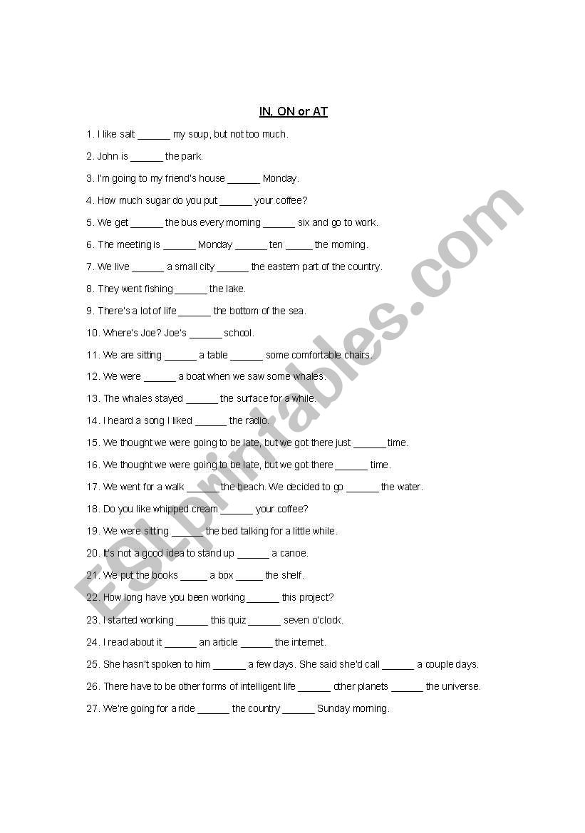 Prepostitions of Place worksheet