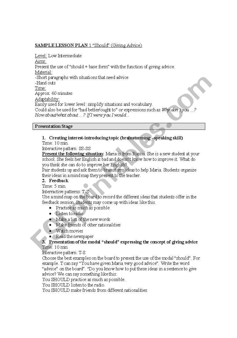 Should (Giving Advice) worksheet