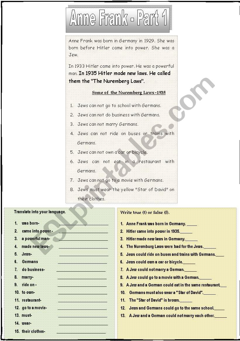 ANNE FRANK: A SET of 4 WORKSHEETS (6 pages)