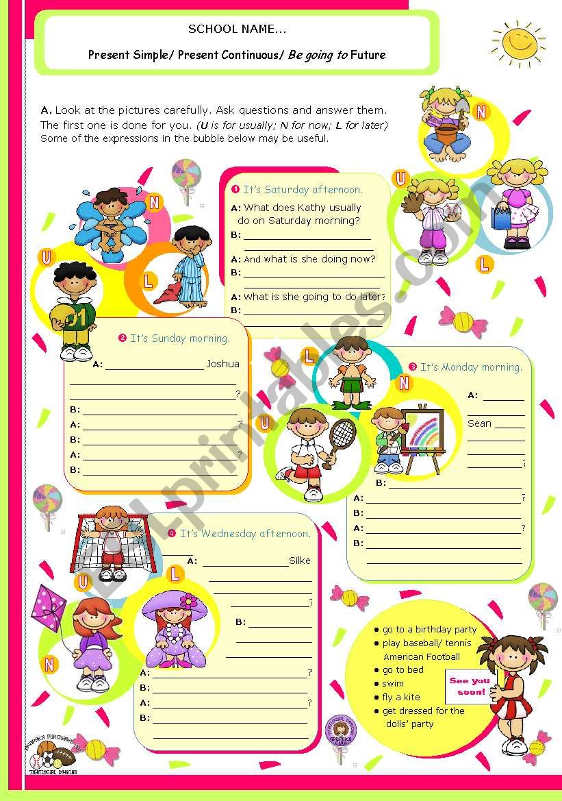 Grammar worksheet on 3 Verb tenses: Simple Present, Present Continuous and Be going to Future for Upper Elementary or Lower Intermediate students