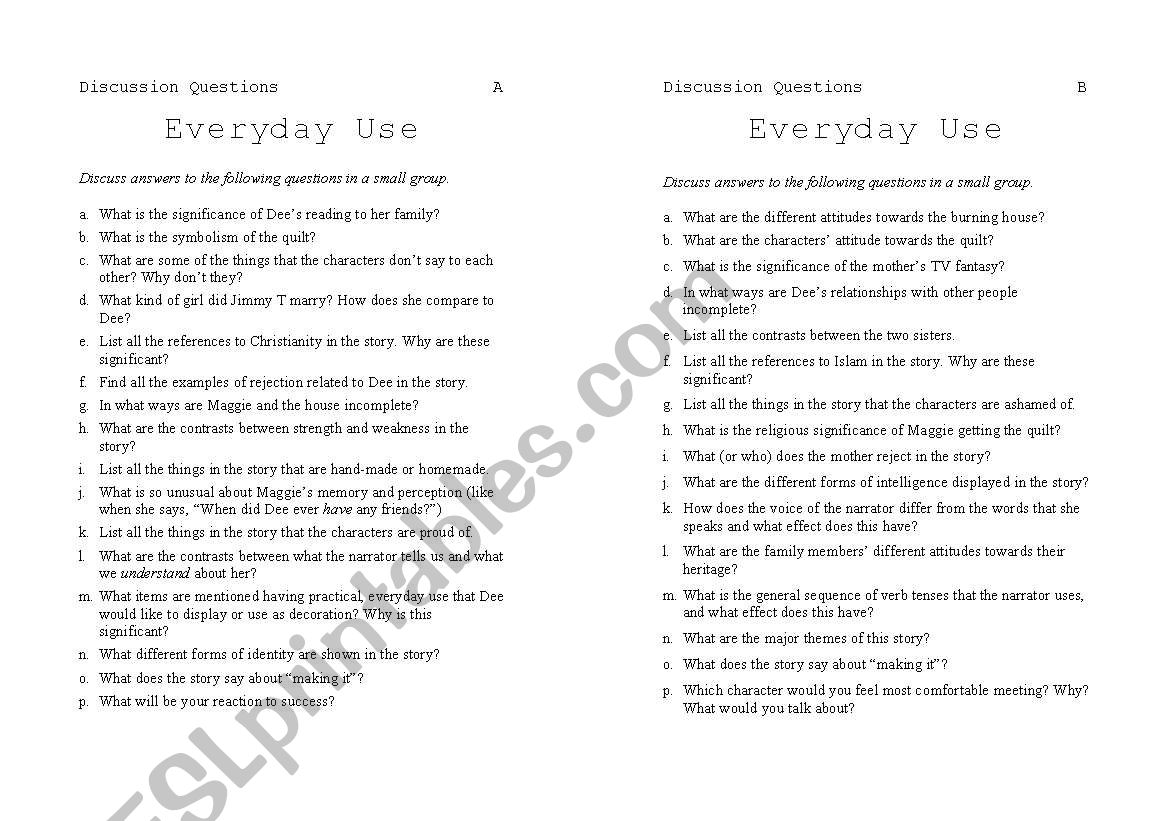 Everyday Use - Questions worksheet