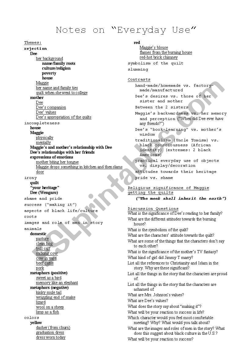 Everyday Use - Notes worksheet