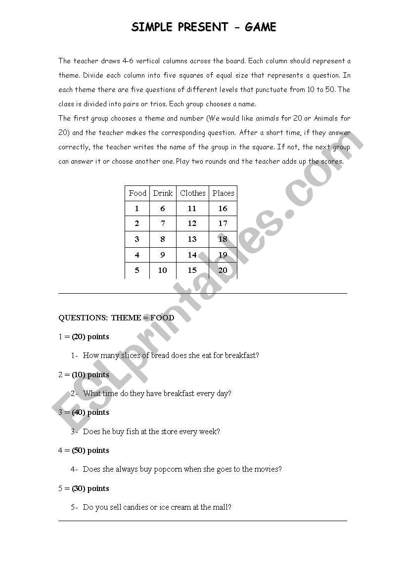Simple Present - Game worksheet