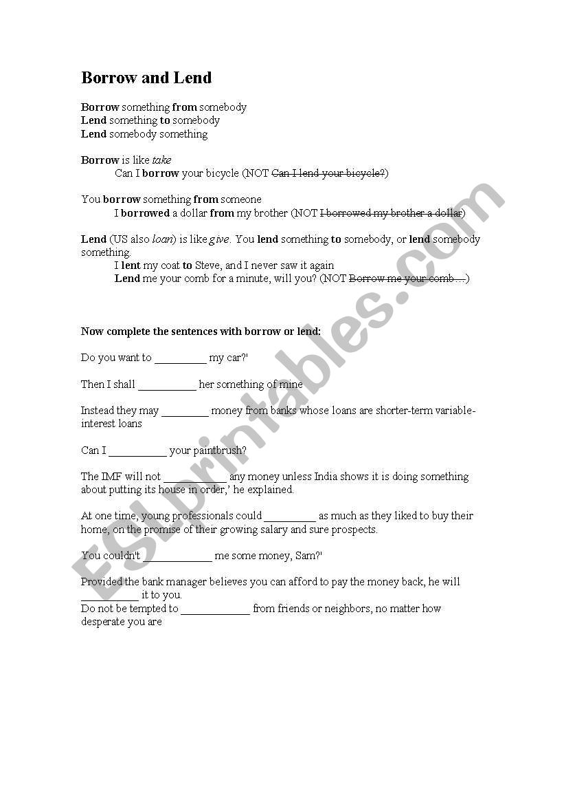 Borro and Lend worksheet