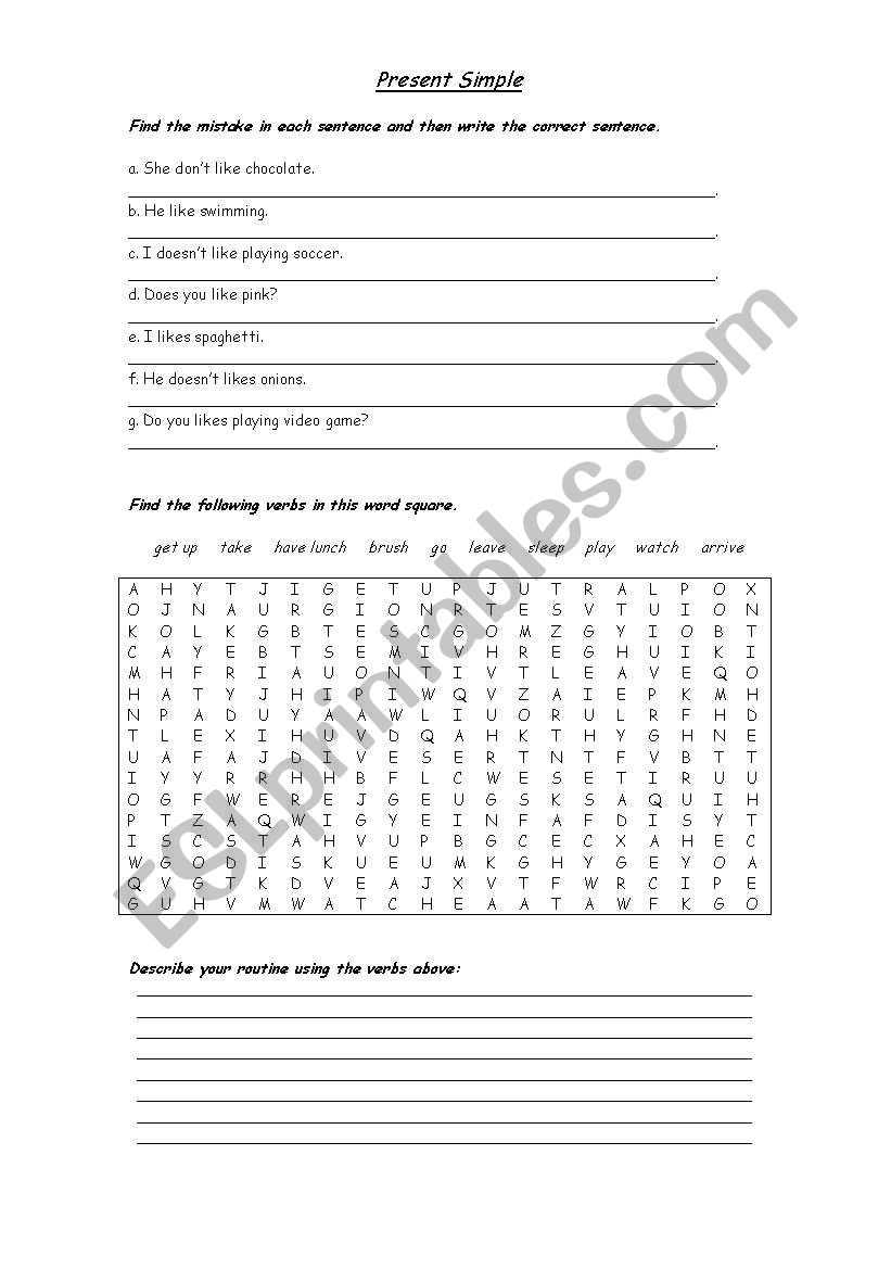 English worksheets: Present Simple Find the mistake and Puzzle English worksheets: Present Simple Find the mistake and Puzzle