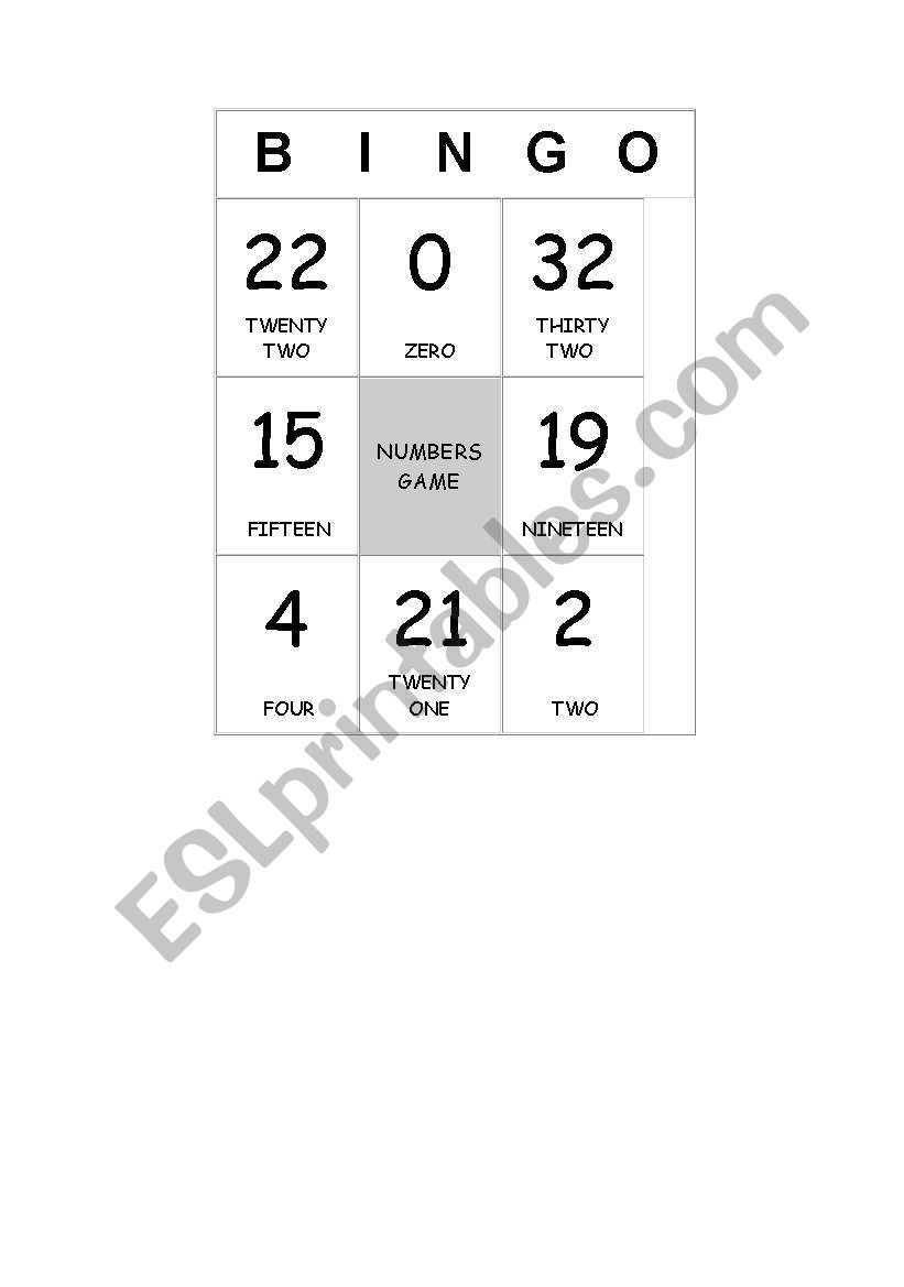 Numbers Bingo worksheet