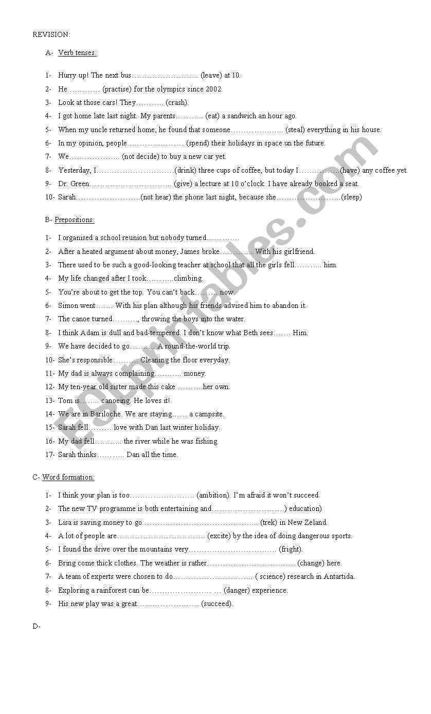 revision test worksheet