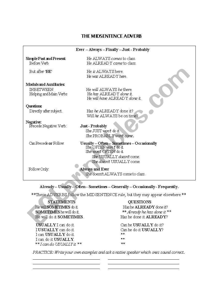 Midsentence Adverb worksheet